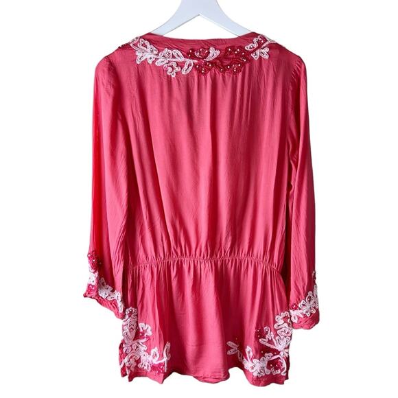 Soft Surroundings Coral Beaded Embroidered Tunic Top Cinch Waist Size Small - Picture 7 of 8